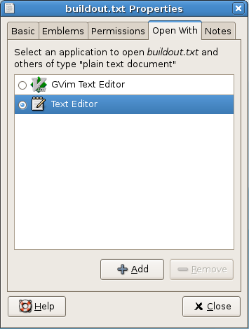 The Open With dialog in Gnome for choosing file associations