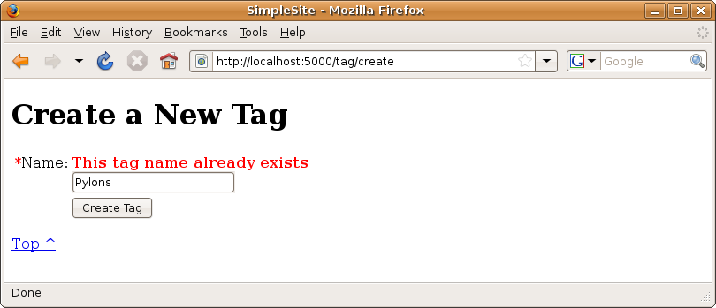 Figure 14-4. The error message shown when you create two tags with the same name